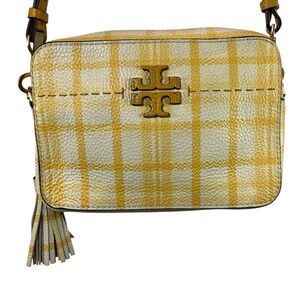 $348 Tory Burch McGraw Yellow White Plaid Textured Leather Crossbody Bag